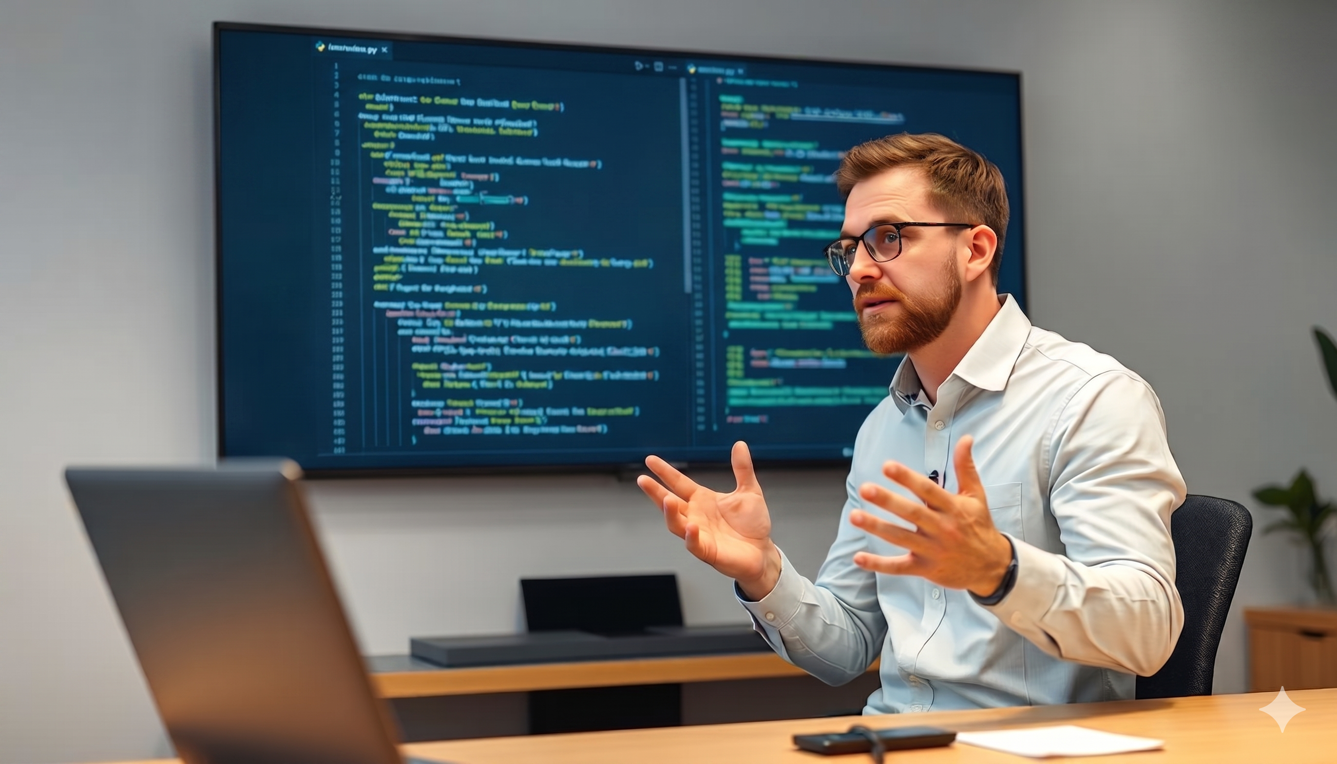 Developer explaining code concepts with syntax on screen behind them